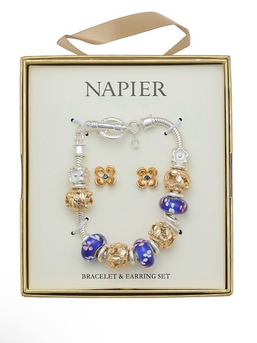 Napier Goldtone Bracelet with Purple Floral Beads